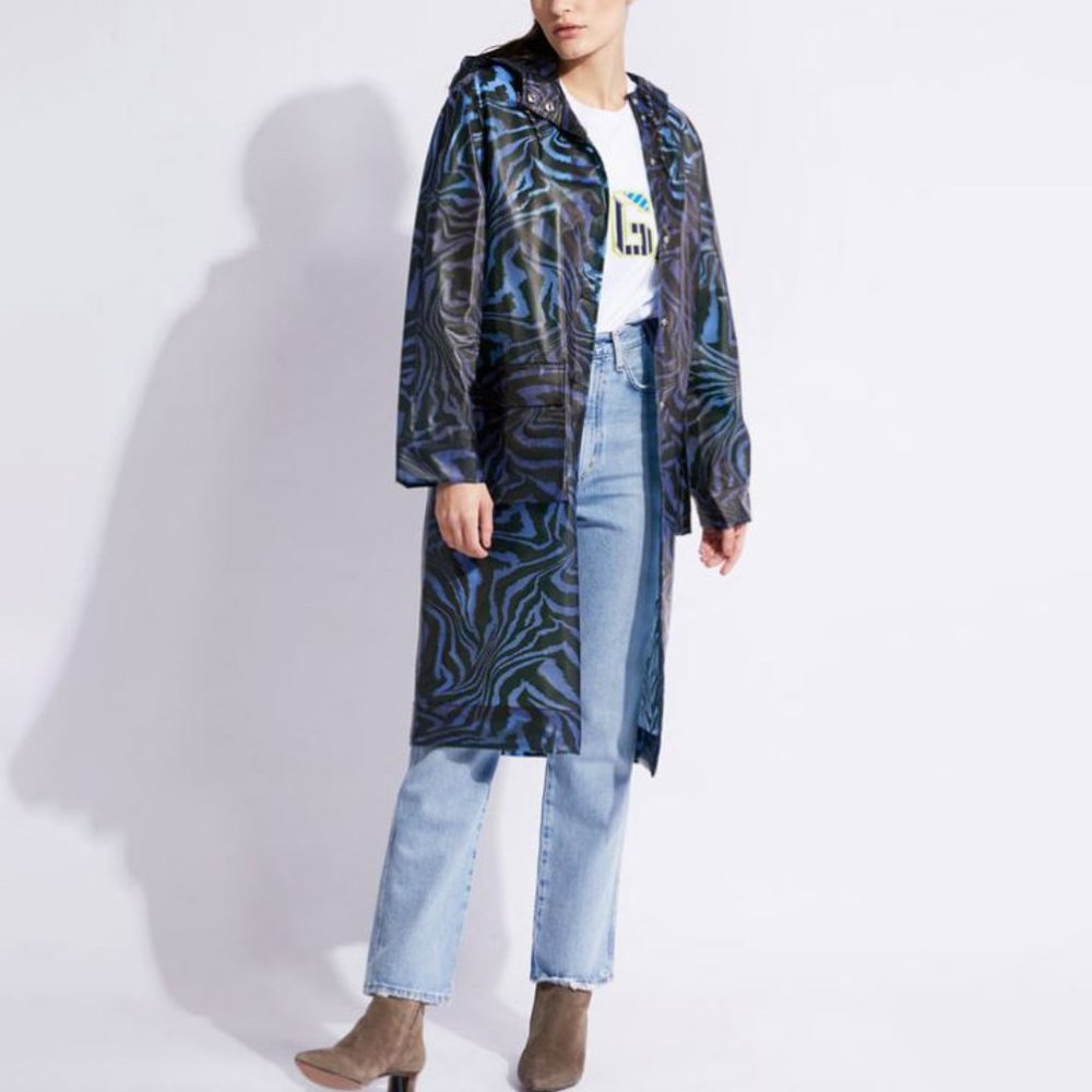 GANNI Tiger Print Biodegradable Raincoat Blue 34